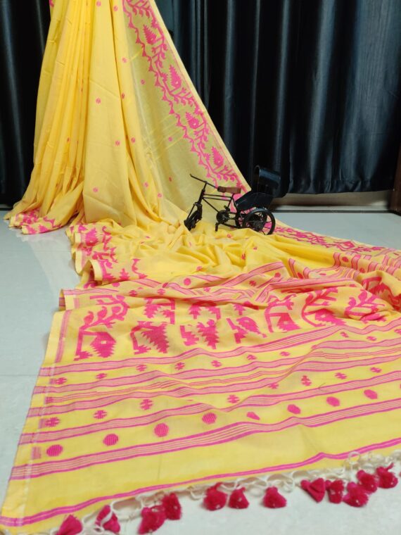Yellow Pink Exclusive Mul Cotton Jamdani Saree