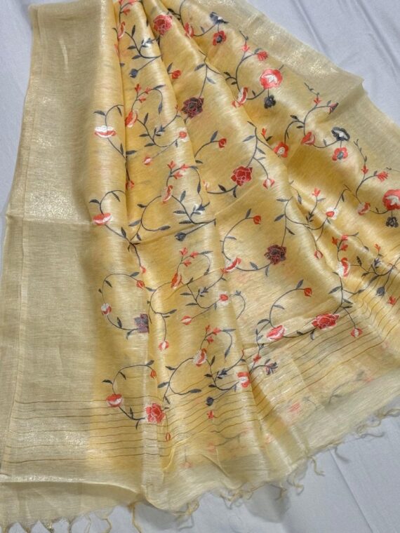 Beautiful Cream Fletcher Silk Linen Saree With Running Blouse