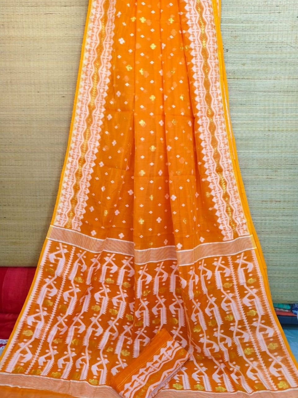 Bright Orange Dhakai Cotton Silk Jamdani Saree With Blouse Piece