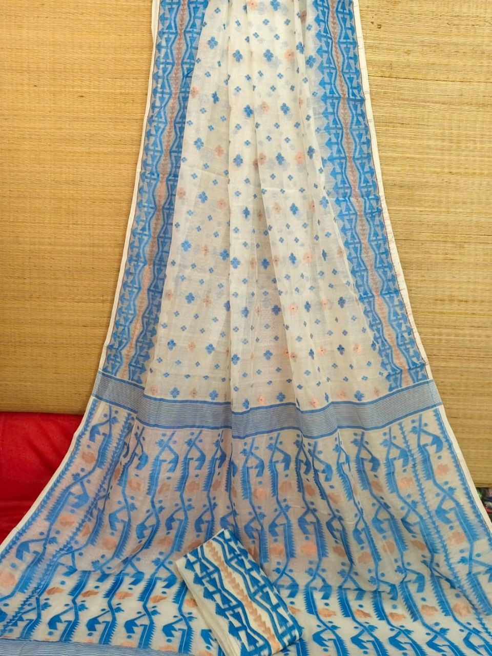 Cream Blue Dhakai Cotton Silk Jamdani Saree With Blouse Piece