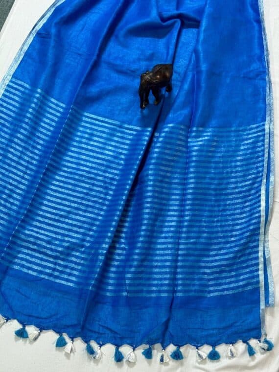 Deep Dark Blue Linen Saree with Thin Silver Borders And Running Blouse
