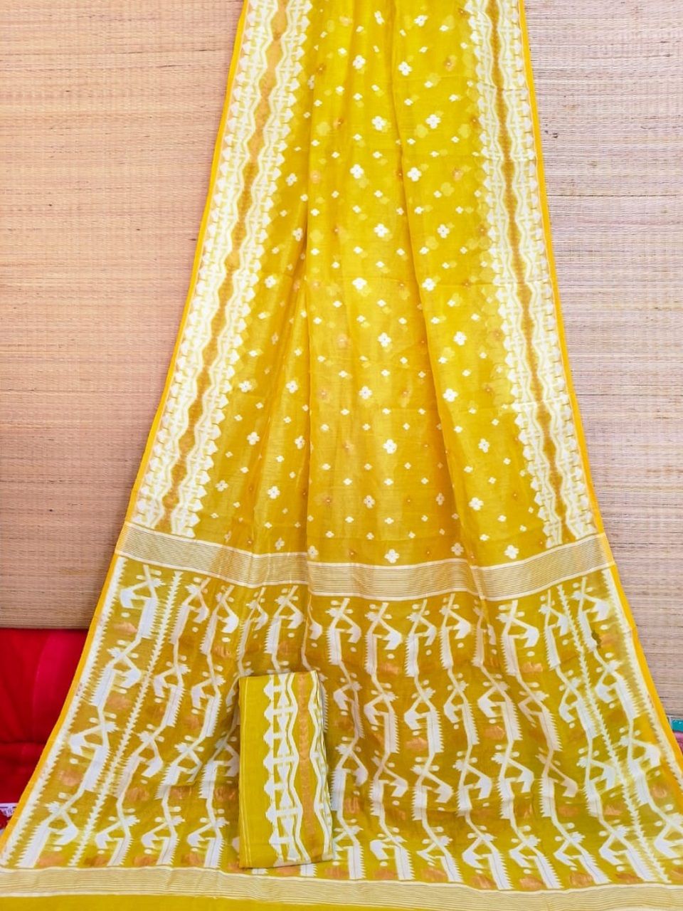 Divine Yellow Dhakai Cotton Silk Jamdani Saree With Blouse Piece