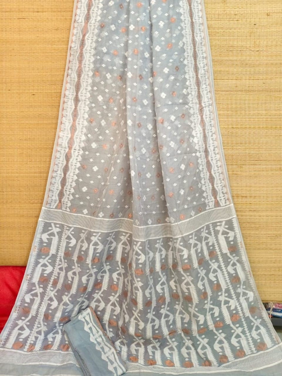Gorgeous Grey Dhakai Cotton Silk Jamdani Saree With Blouse Piece