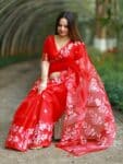 Gorgeous Red Resham Rose Mulin Saree With Blouse Piece