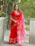 Gorgeous Red Resham Rose Mulin Saree With Blouse Piece