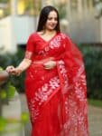 Gorgeous Red Resham Rose Mulin Saree With Blouse Piece