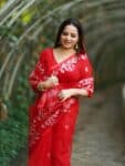 Gorgeous Red Resham Rose Mulin Saree With Blouse Piece
