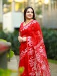 Gorgeous Red Resham Rose Mulin Saree With Blouse Piece