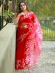 Gorgeous Red Resham Rose Mulin Saree With Blouse Piece