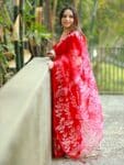 Gorgeous Red Resham Rose Mulin Saree With Blouse Piece