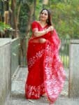 Gorgeous Red Resham Rose Mulin Saree With Blouse Piece