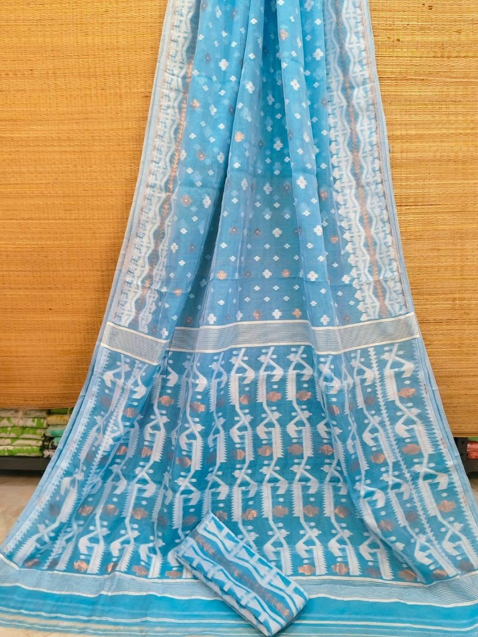 Lovely Blue Dhakai Cotton Silk Jamdani Saree With Blouse Piece