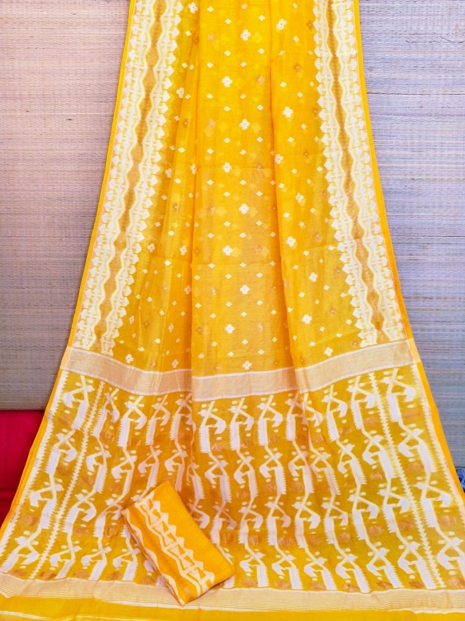 Mango Yellow Dhakai Cotton Silk Jamdani Saree With Blouse Piece