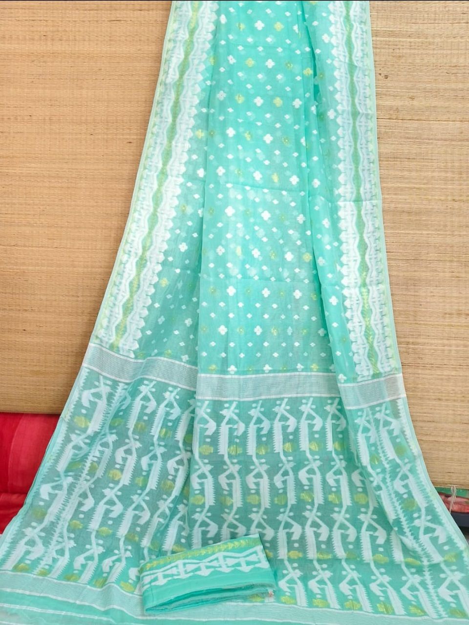Mint Blue Dhakai Cotton Silk Jamdani Saree With Blouse Piece