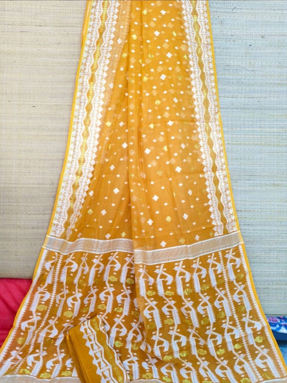 Mustard Yellow Dhakai Cotton Silk Jamdani Saree With Blouse Piece