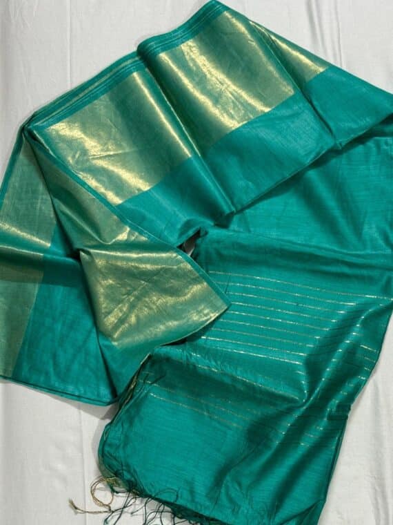 Peacock Blue Tussar Muga Pure Silk Saree With Golden Borders