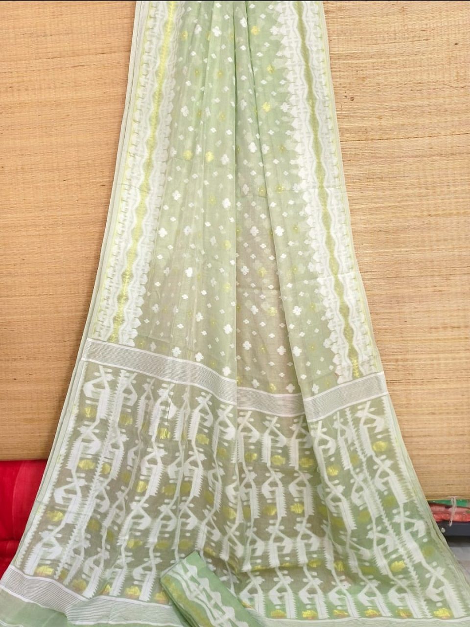 Sage Green Dhakai Cotton Silk Jamdani Saree With Blouse Piece