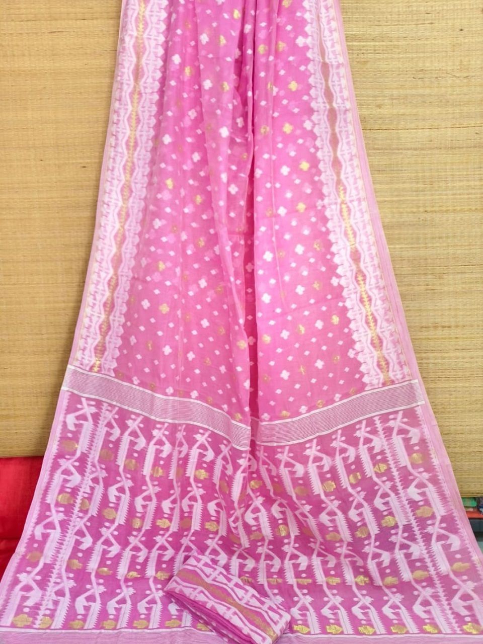 Sweet Pink Dhakai Cotton Silk Jamdani Saree With Blouse Piece