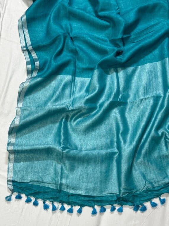 Teal Blue Linen Saree with Thin Silver Borders