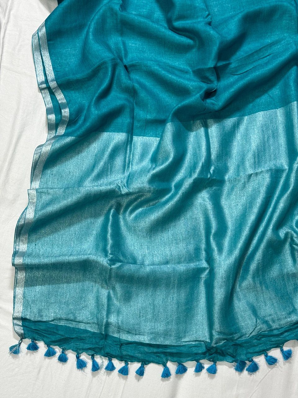 Teal Blue Linen Saree with Thin Silver Borders