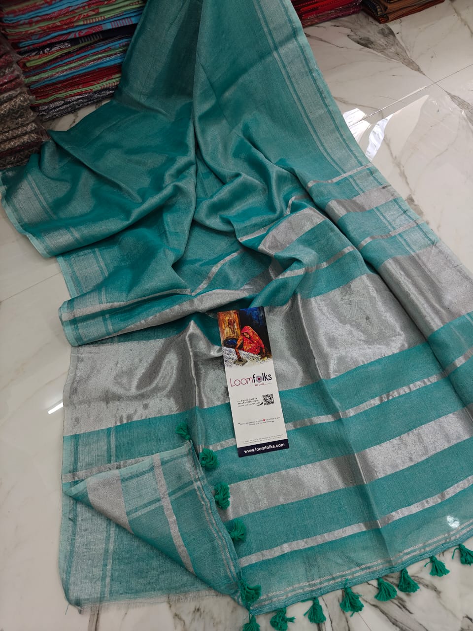 Aqua Green Tissue Linen Saree With Running Blouse