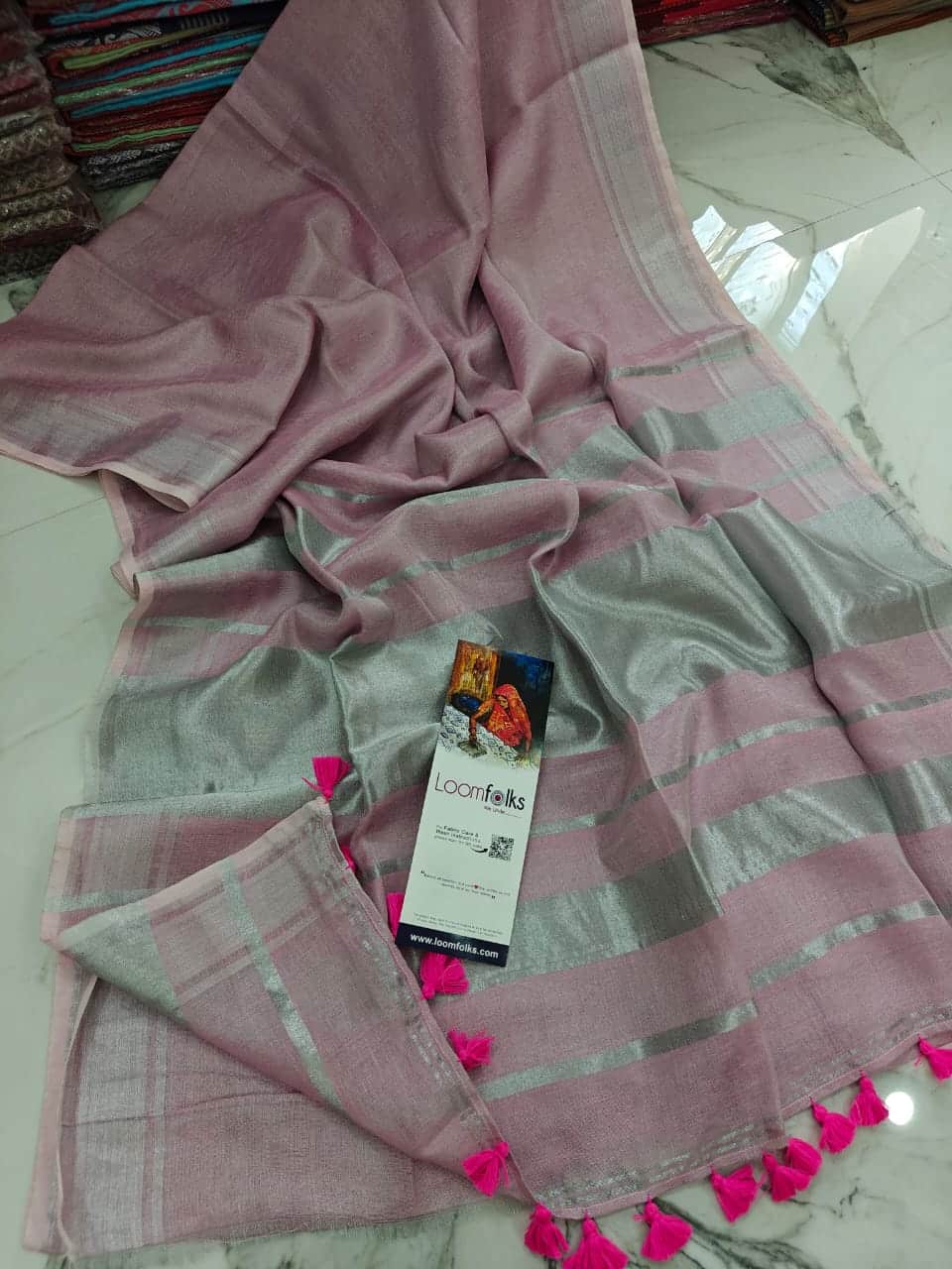 Baby Pink Tissue Linen Saree With Running Blouse
