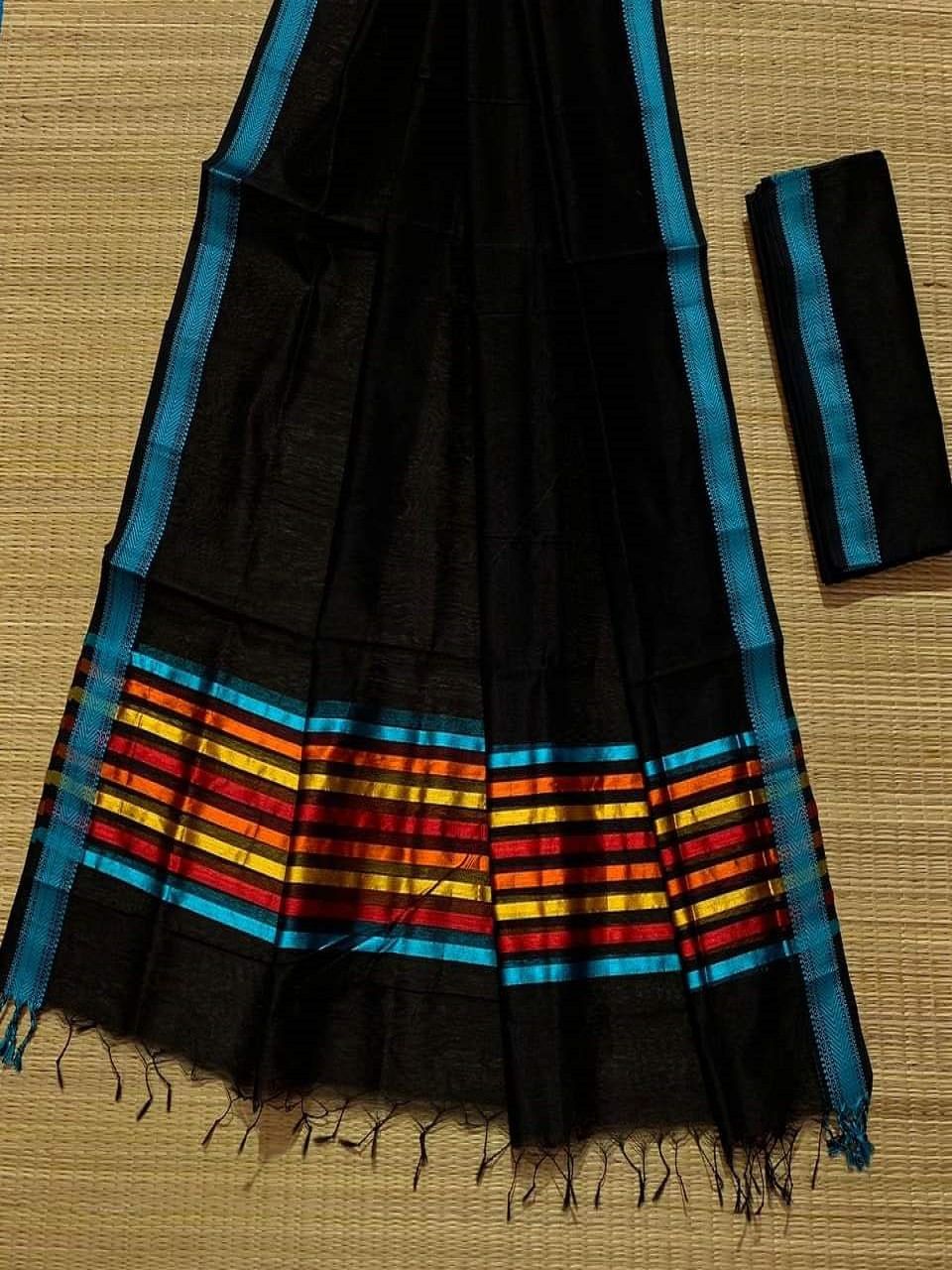 Black Cotton Silk Saree With Multi Color Stripe Pallu
