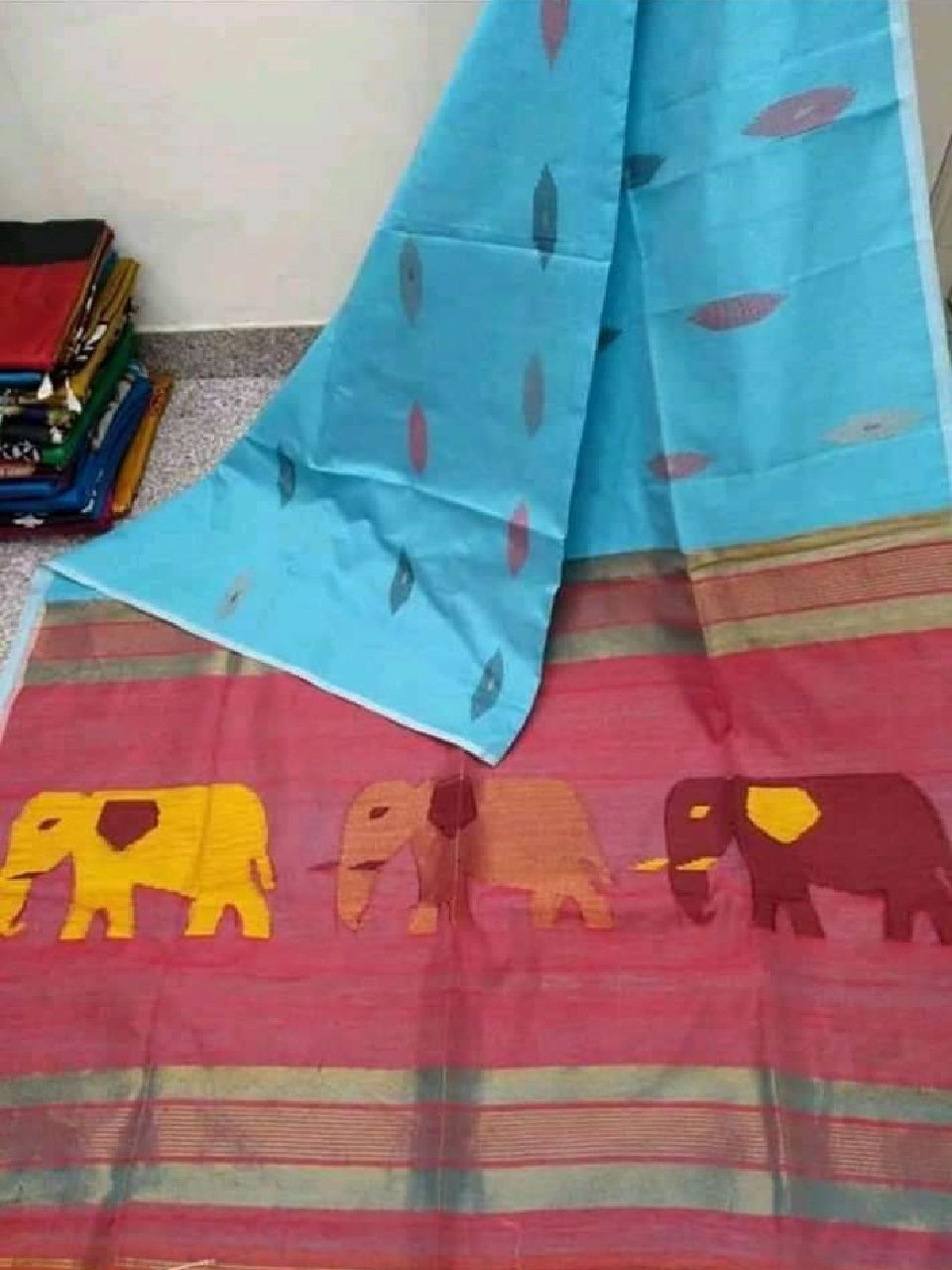 Blue Red Elephant Design Cotton Silk Saree