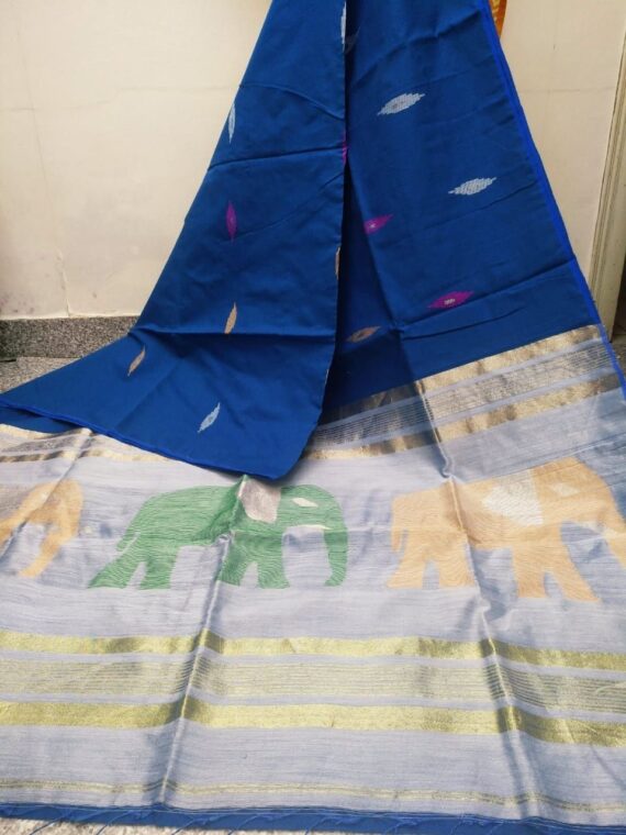 Blue Silver Grey Elephant Design Cotton Silk Saree