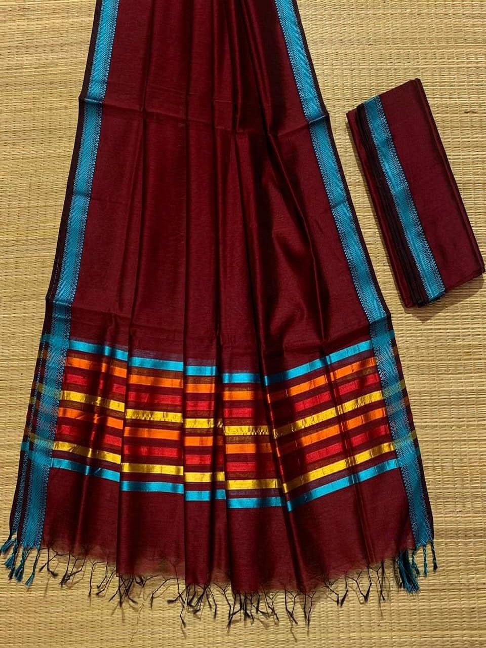 Brick Red Cotton Silk Saree With Multi Color Stripe Pallu