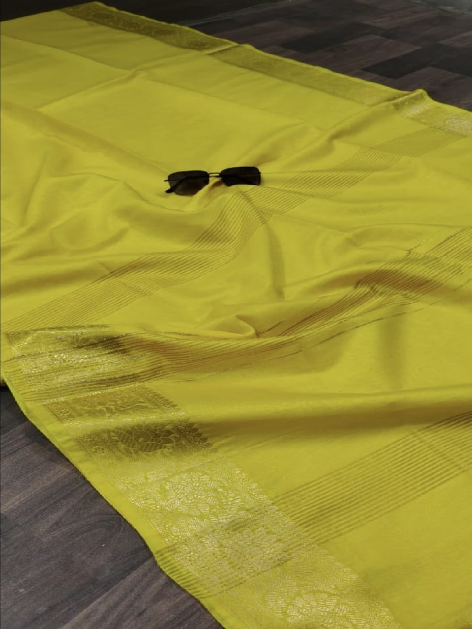 Bright Yellow Kota Cotton Silk Saree With Banarasi Border