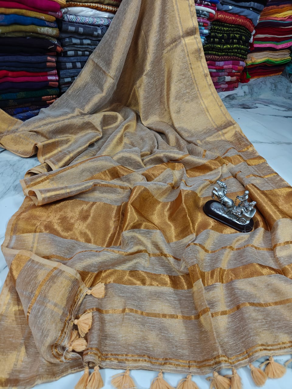 Cream Tissue Linen Saree With Running Blouse