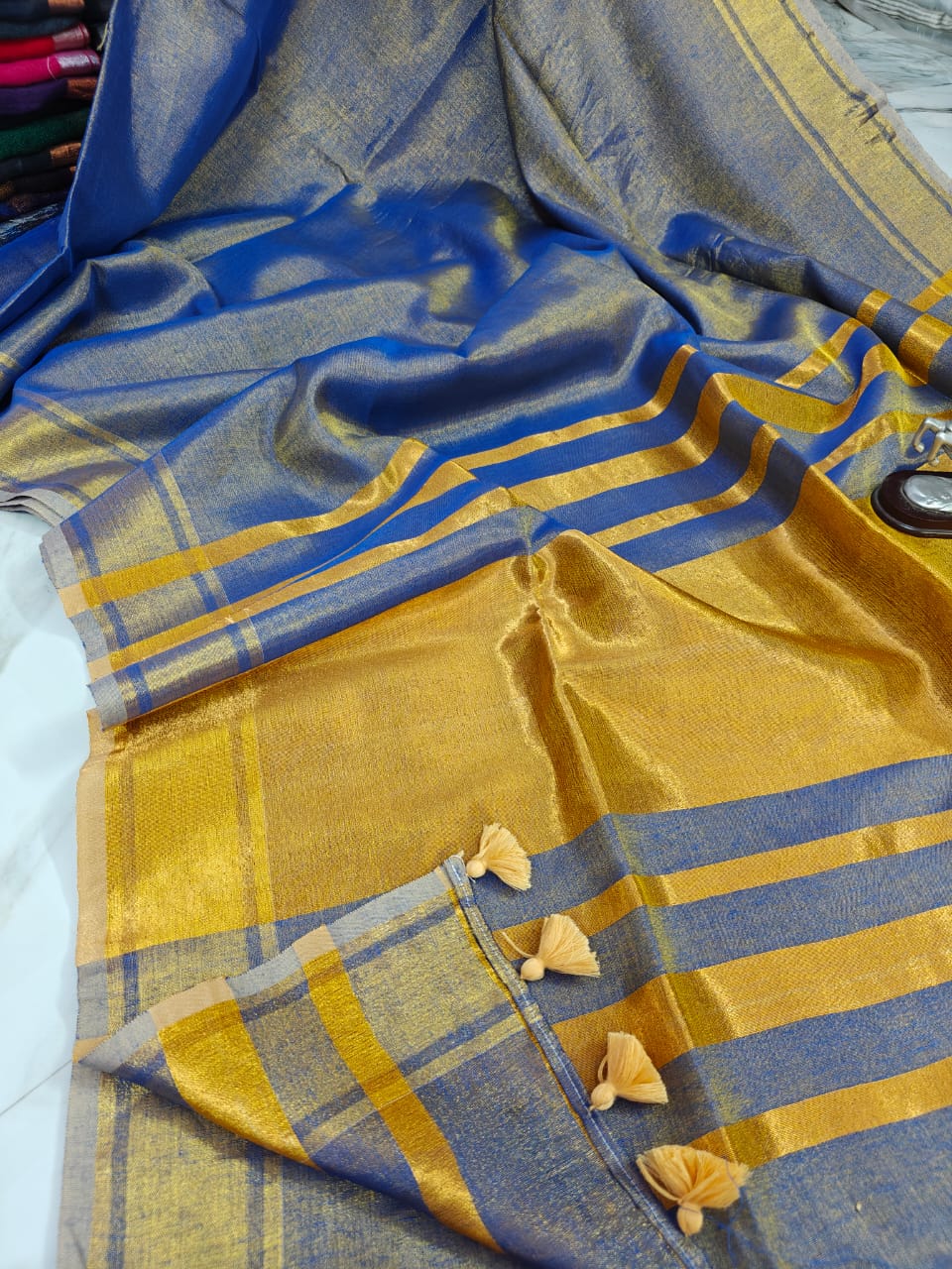 Dark Blue Tissue Linen Saree With Running Blouse