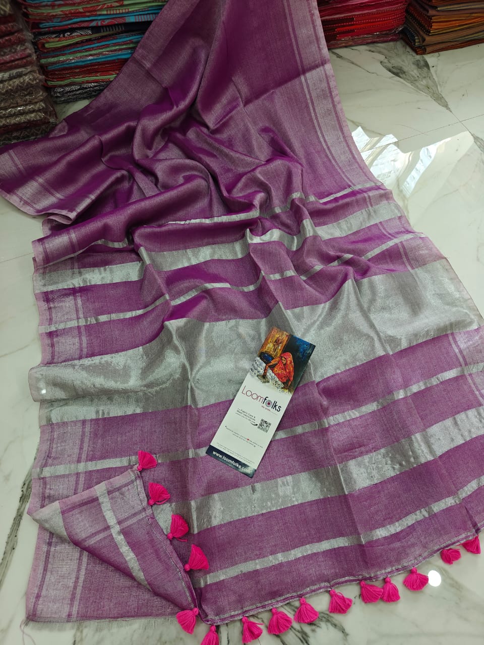 Dark Pink Tissue Linen Saree With Running Blouse