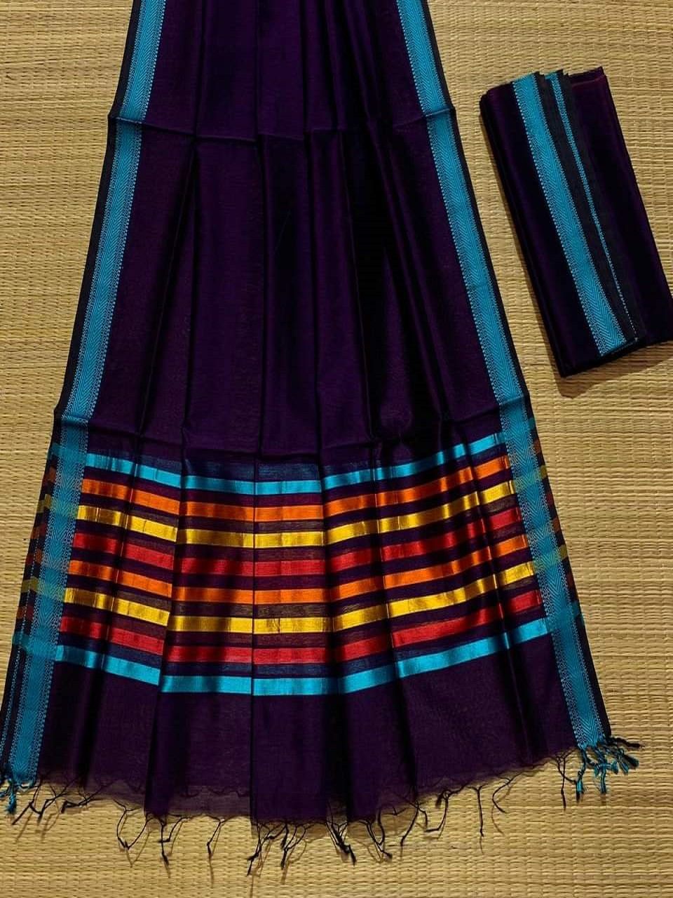 Dark Violet Cotton Silk Saree With Multi Color Stripe Pallu