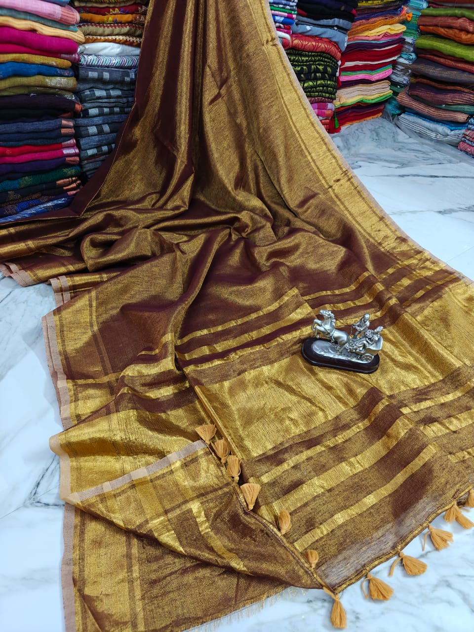Deep Brown Tissue Linen Saree With Running Blouse
