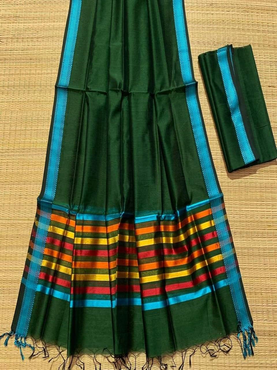 Deep Green Cotton Silk Saree With Multi Color Stripe Pallu