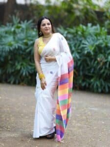 Fresh White Pure Cotton Soft Saree With Color Filled Pallu