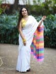 Fresh White Pure Cotton Soft Saree With Color Filled Pallu