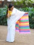 Fresh White Pure Cotton Soft Saree With Color Filled Pallu
