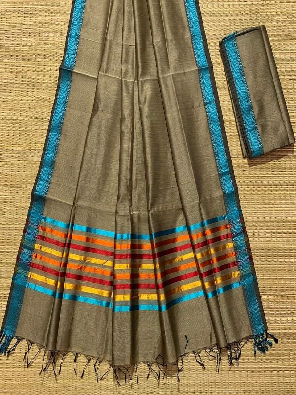 Golden Beige Cotton Silk Saree With Multi Color Stripe Pallu