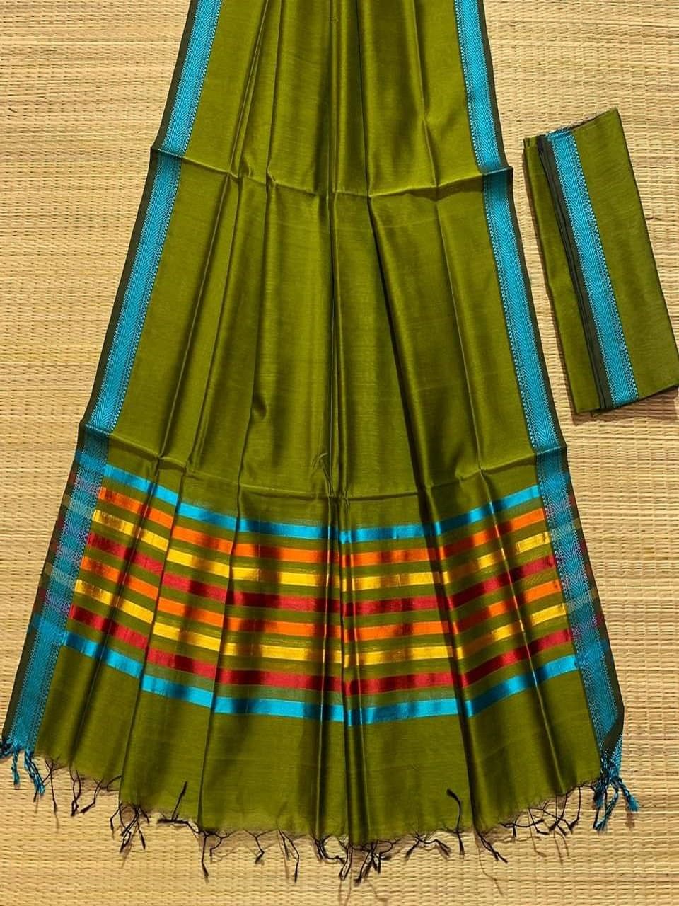 Grass Green Cotton Silk Saree With Multi Color Stripe Pallu