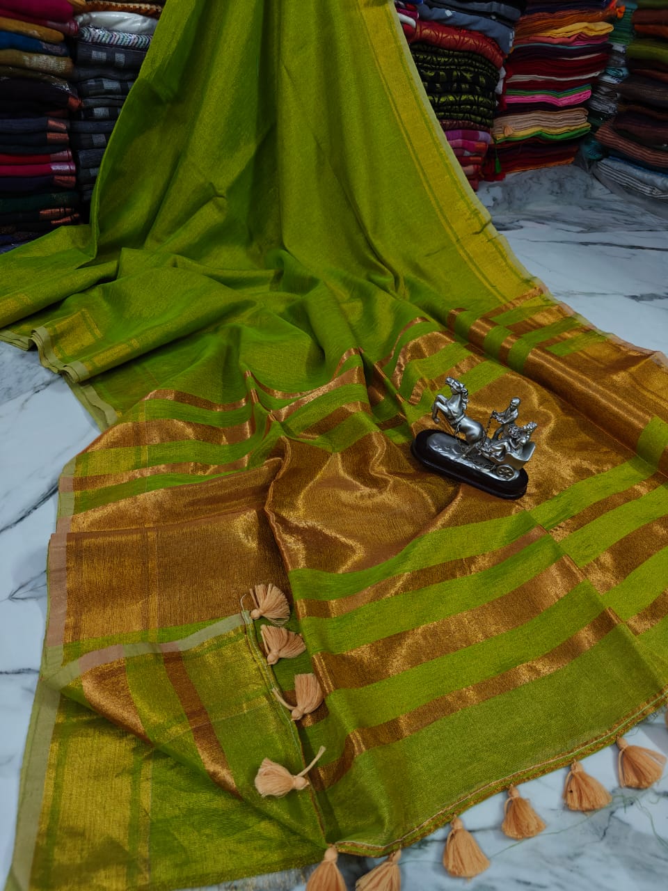 Grass Green Tissue Linen Saree With Running Blouse