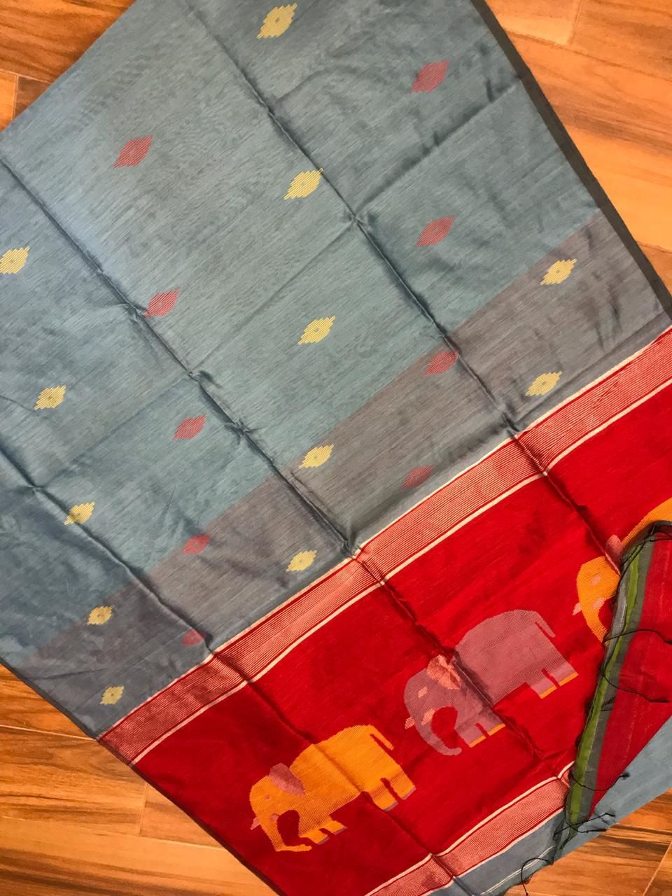 Grey Red Elephant Design Cotton Silk Saree