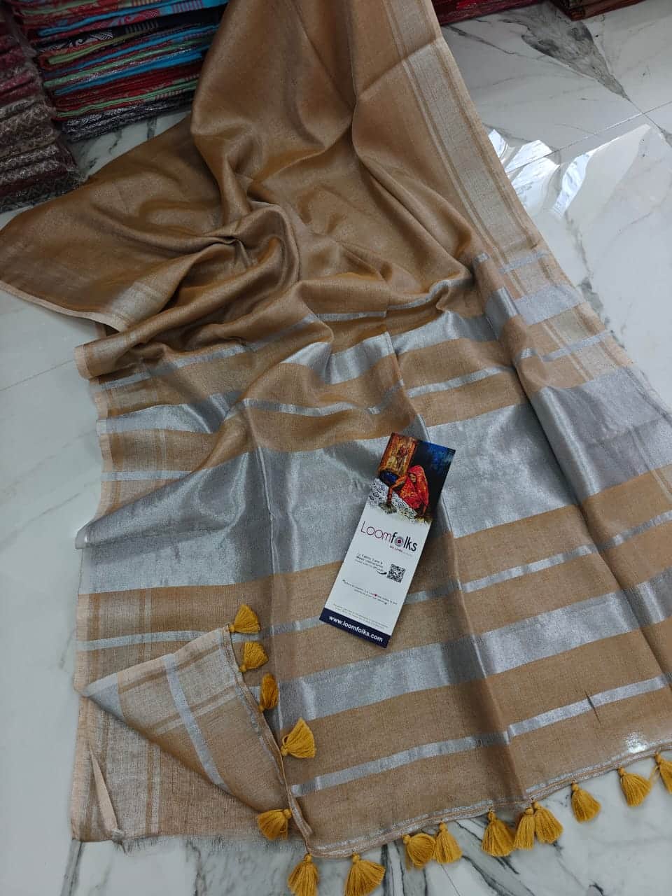 Light Brown Tissue Linen Saree With Running Blouse