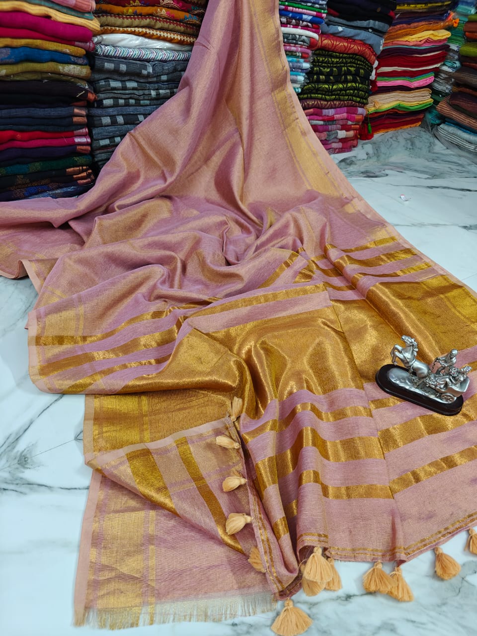 Light Pink Tissue Linen Saree With Running Blouse