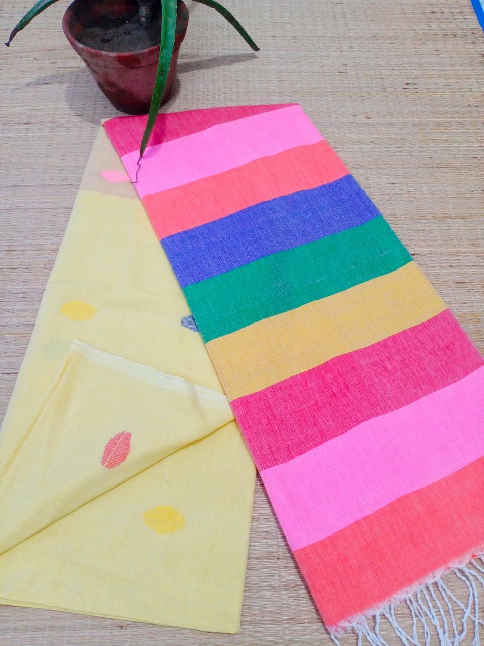 Light Yellow Pure Cotton Soft Saree With Color Filled Pallu