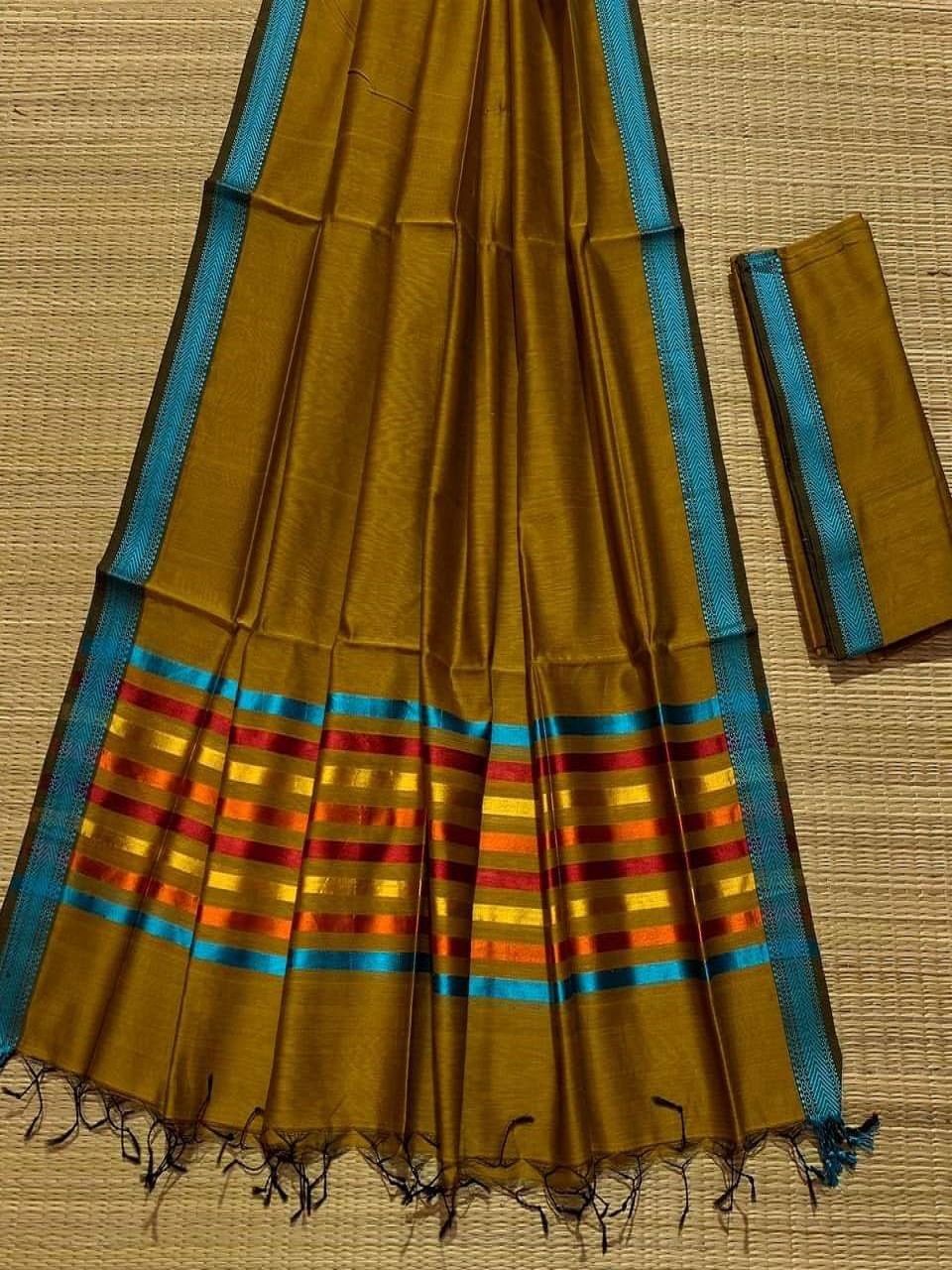 Mustard Yellow Cotton Silk Saree With Multi Color Stripe Pallu