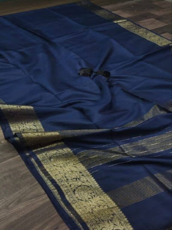Navy Blue Kota Cotton Silk Saree With Banarasi Border