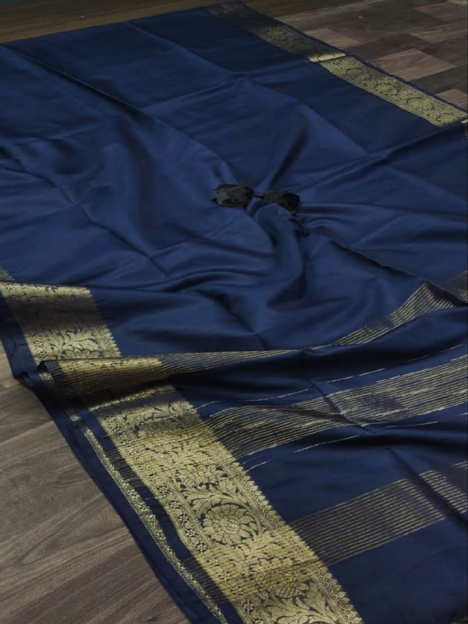 Navy Blue Kota Cotton Silk Saree With Banarasi Border